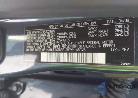 2010 Volvo Xc60 T6/T6 R-Design from USA, damaged, VIN YV4992DZ1A2031889